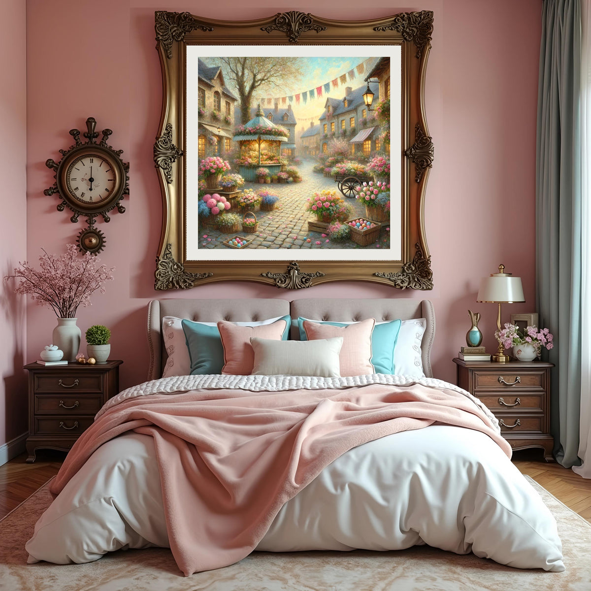 Vintage Impressionist Oil Painting: Easter Flower Market Gazebo Scene (Digital Art)