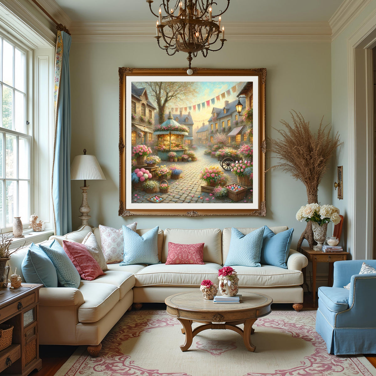 Vintage Impressionist Oil Painting: Easter Flower Market Gazebo Scene (Digital Art)
