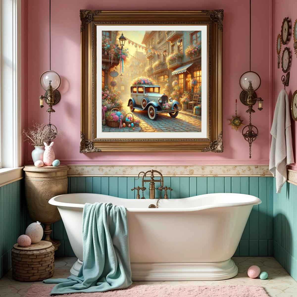 Vintage Floral Car Oil Painting: Cottagecore European Street Scene (Digital Download)