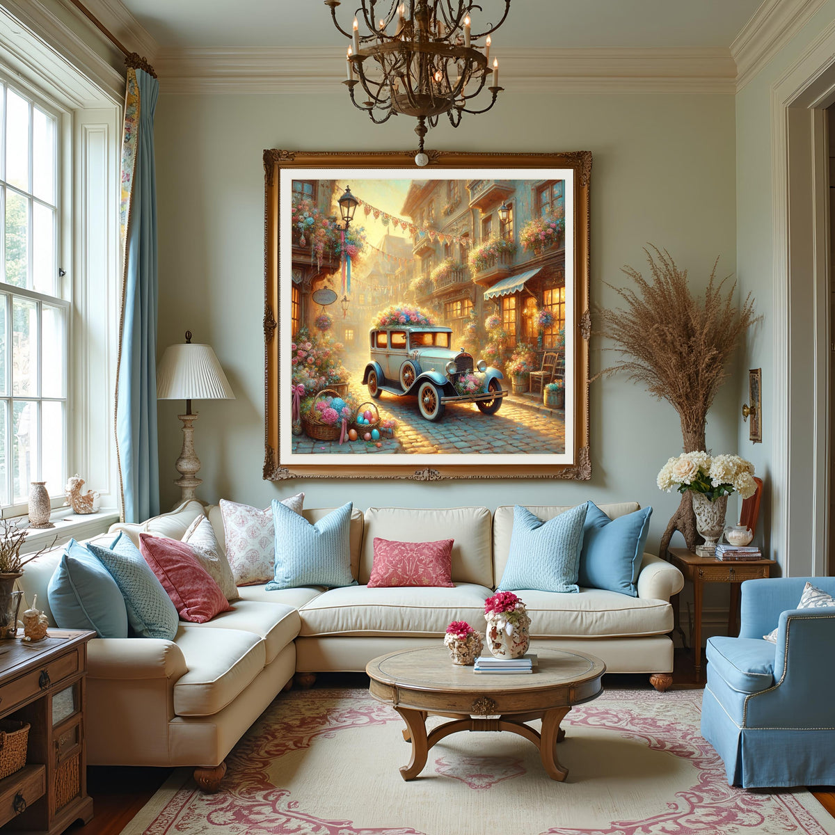 Vintage Floral Car Oil Painting: Cottagecore European Street Scene (Digital Download)