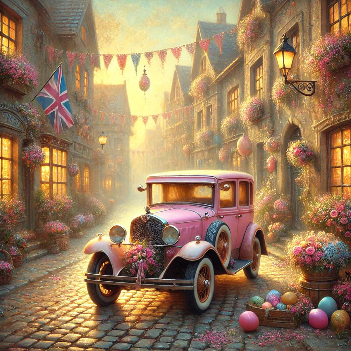Vintage Pink Car Spring Village Oil Painting: Cottagecore Easter Decor (Digital Download)