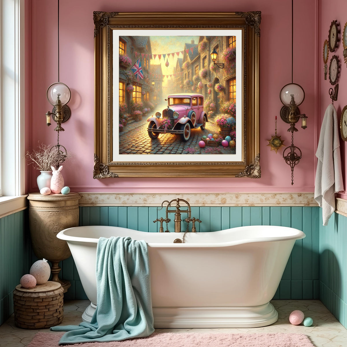 Vintage Pink Car Spring Village Oil Painting: Cottagecore Easter Decor (Digital Download)