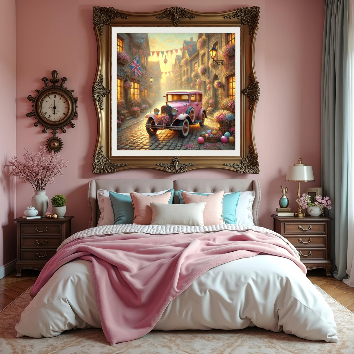 Vintage Pink Car Spring Village Oil Painting: Cottagecore Easter Decor (Digital Download)