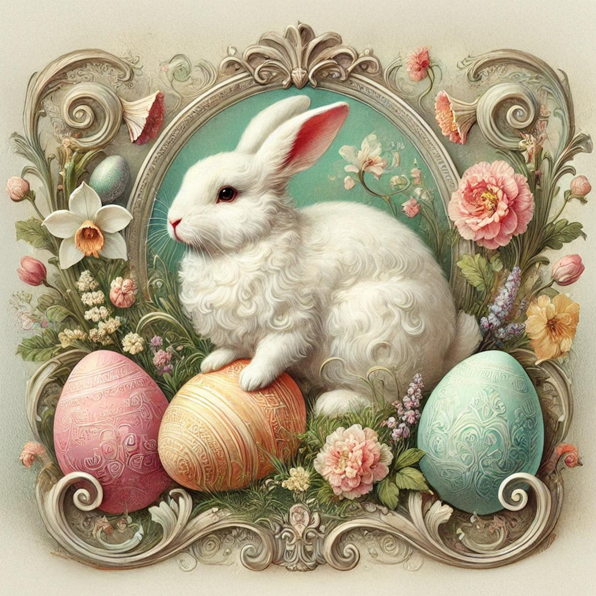 Vintage Easter Bunny Oil Painting: Ornate Eggs, Floral Decor (Digital Download)