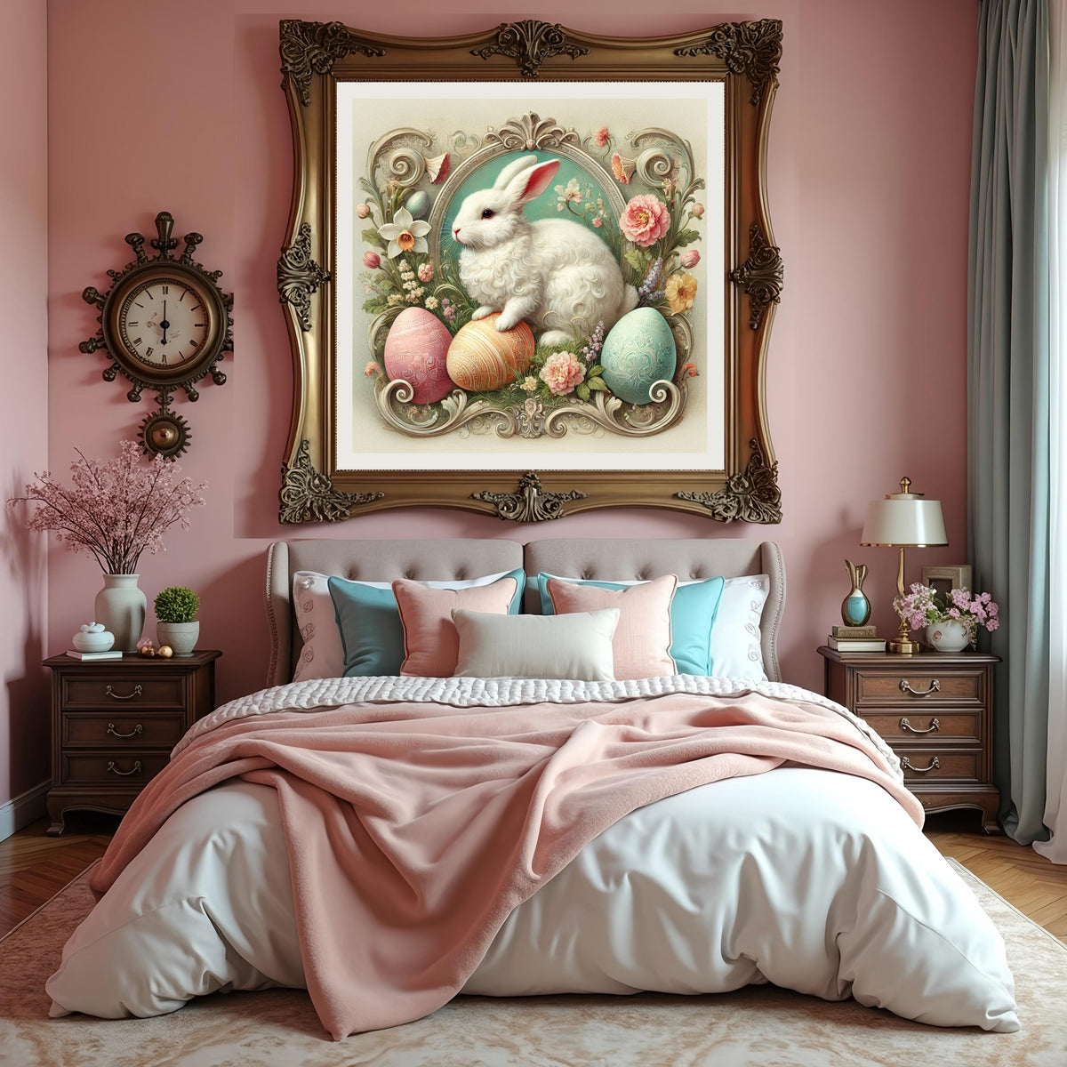 Vintage Easter Bunny Oil Painting: Ornate Eggs, Floral Decor (Digital Download)