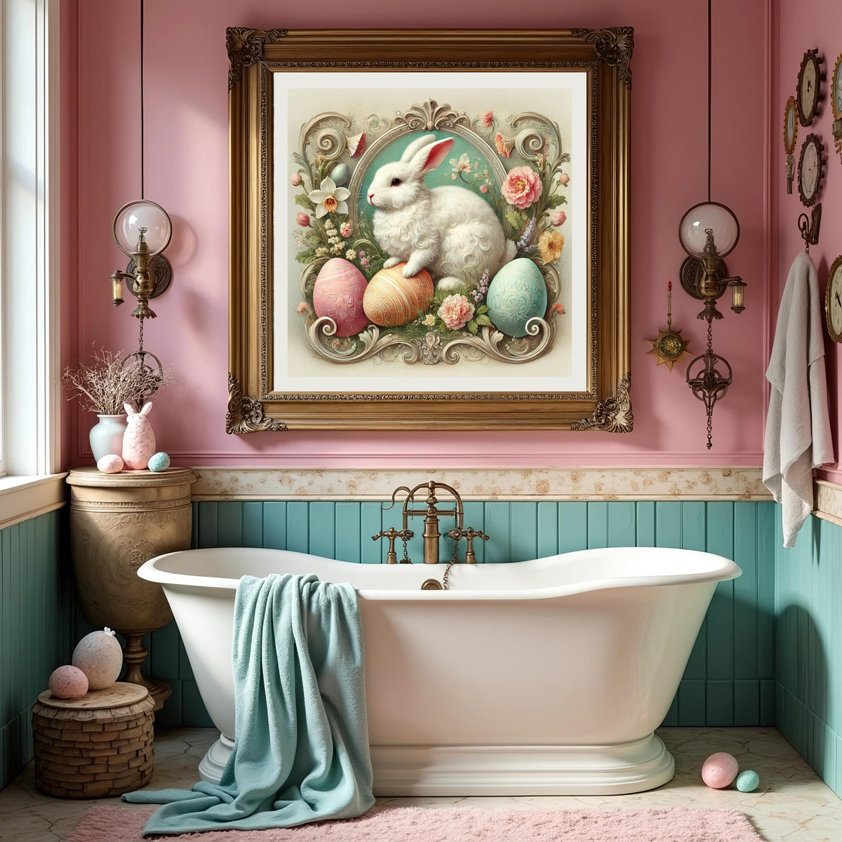 Vintage Easter Bunny Oil Painting: Ornate Eggs, Floral Decor (Digital Download)