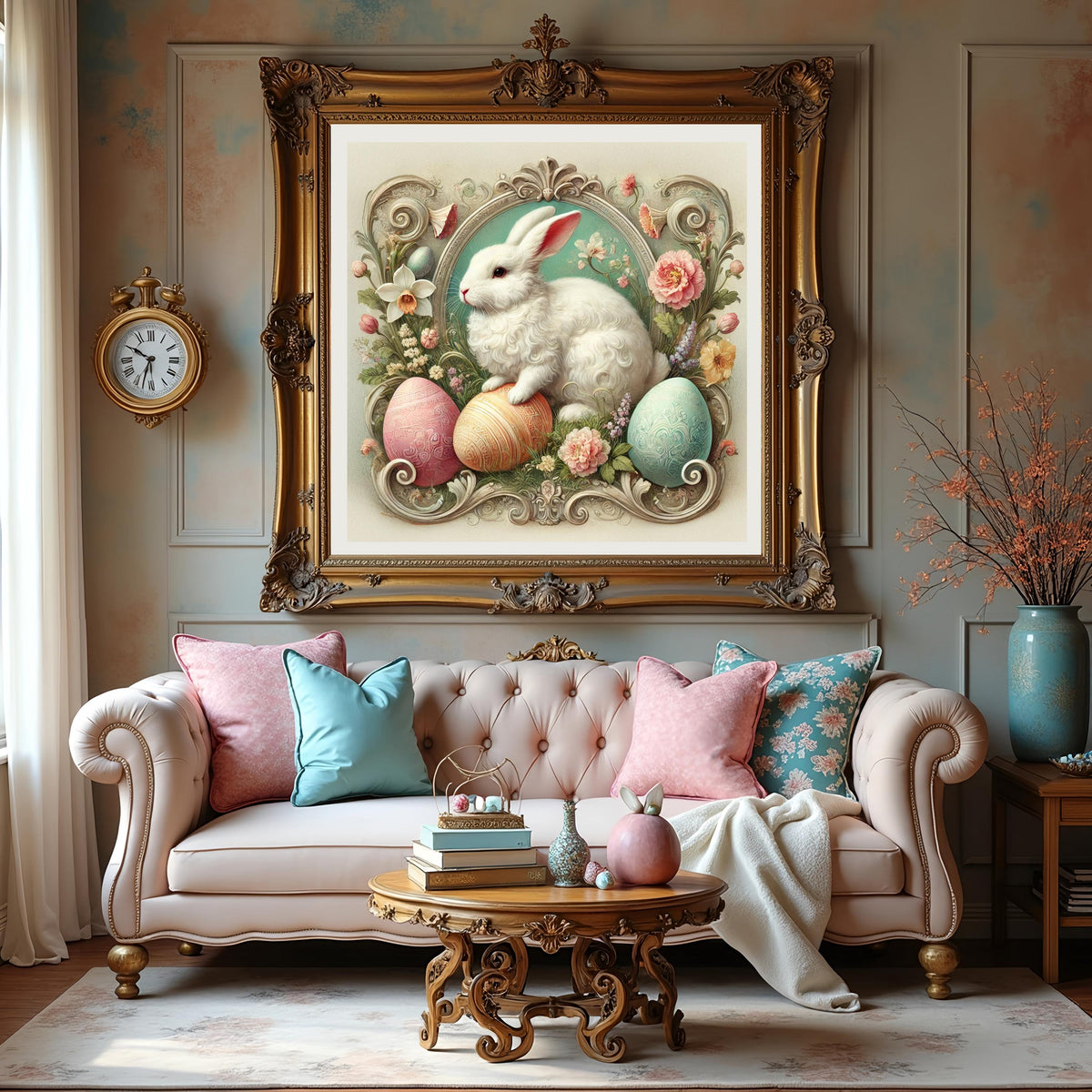 Vintage Easter Bunny Oil Painting: Ornate Eggs, Floral Decor (Digital Download)