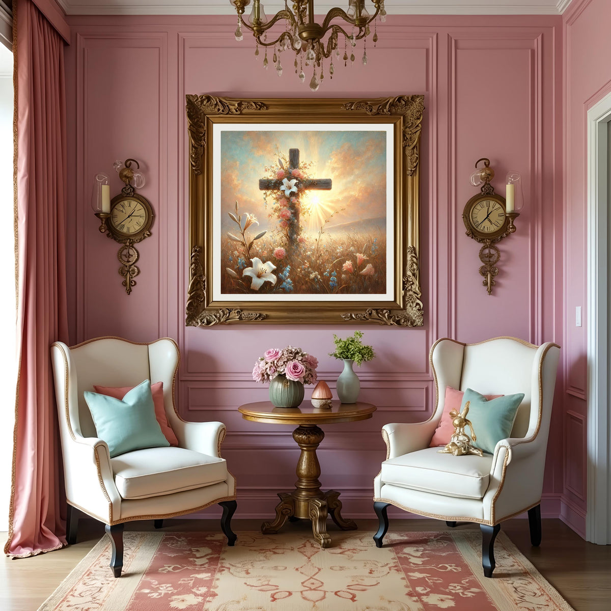 Floral Cross Wall Art: Spring Lilies, Roses, Sunrise Oil Painting Style (Digital Download)