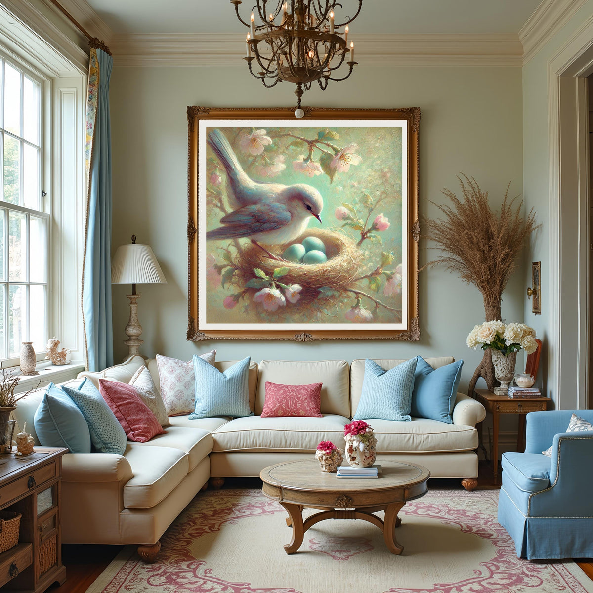 Vintage Impressionist Bird Nest Painting: Pastel Floral Spring Wall Art (Digital Download)