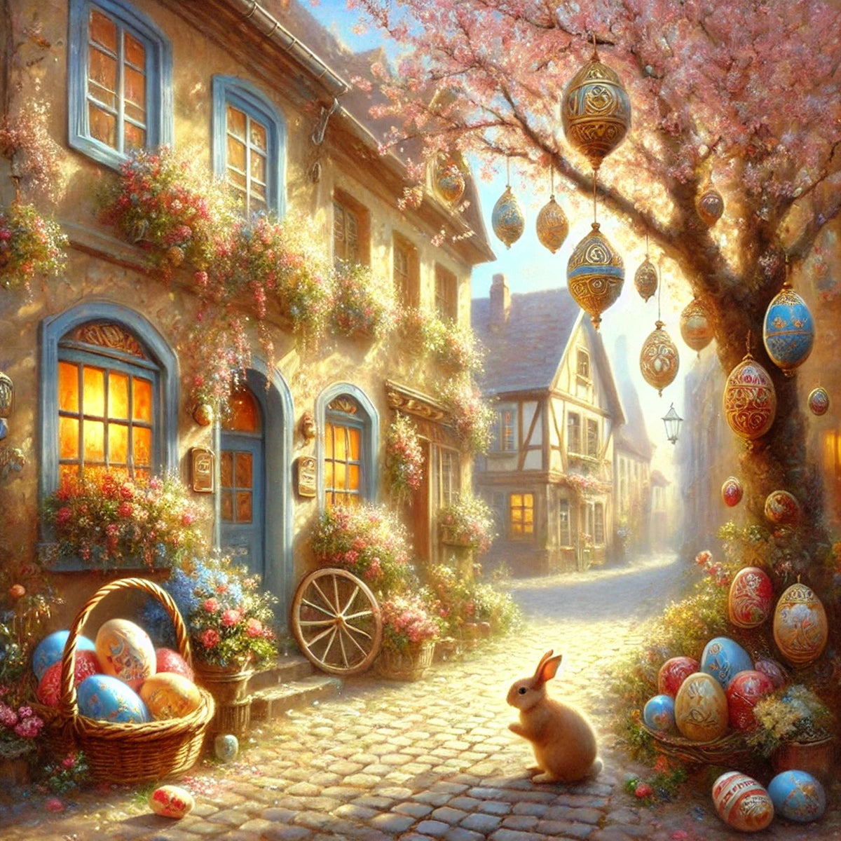 Easter Bunny Village Scene Art Print: Vintage Spring Wall Decor (Digital Download)