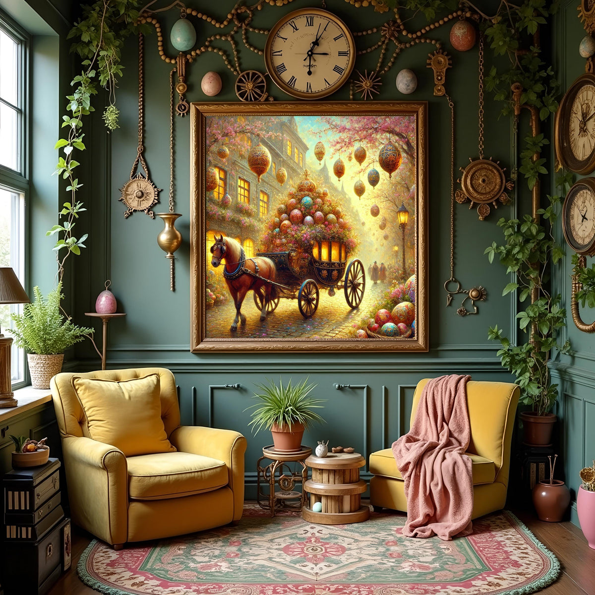 Vintage Easter Carriage Oil Painting Print: Village Scene Spring Wall Art (Digital Download)