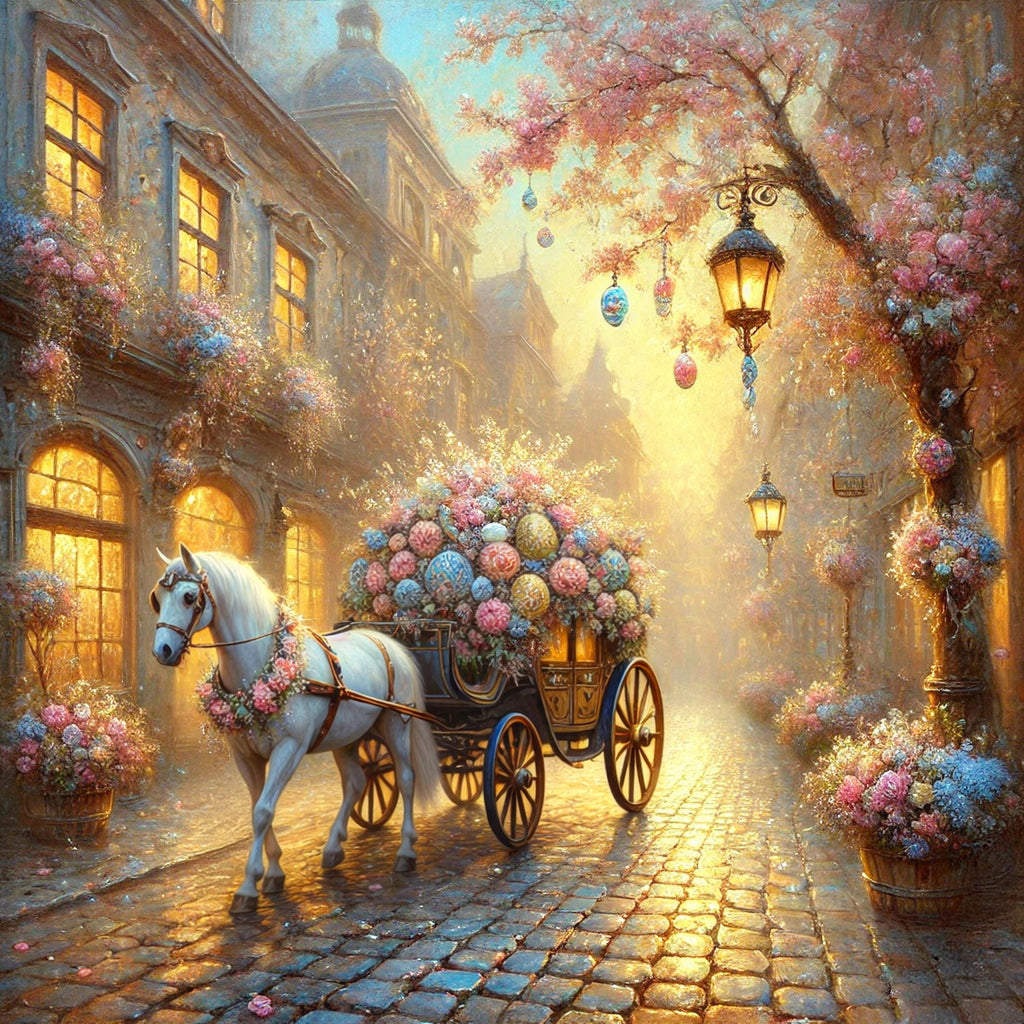 Ethereal Easter Carriage Spring Village Oil Painting Style Wall Art (Digital Download)