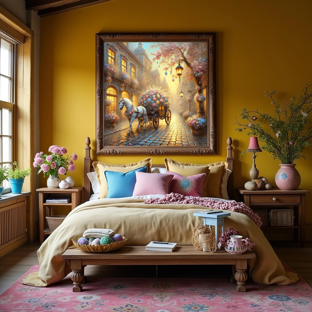 Ethereal Easter Carriage Spring Village Oil Painting Style Wall Art (Digital Download)