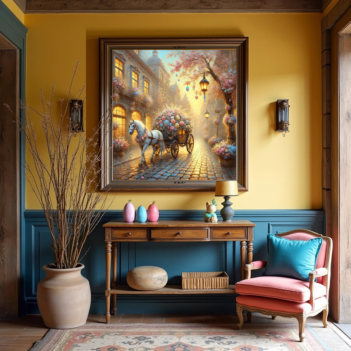 Ethereal Easter Carriage Spring Village Oil Painting Style Wall Art (Digital Download)