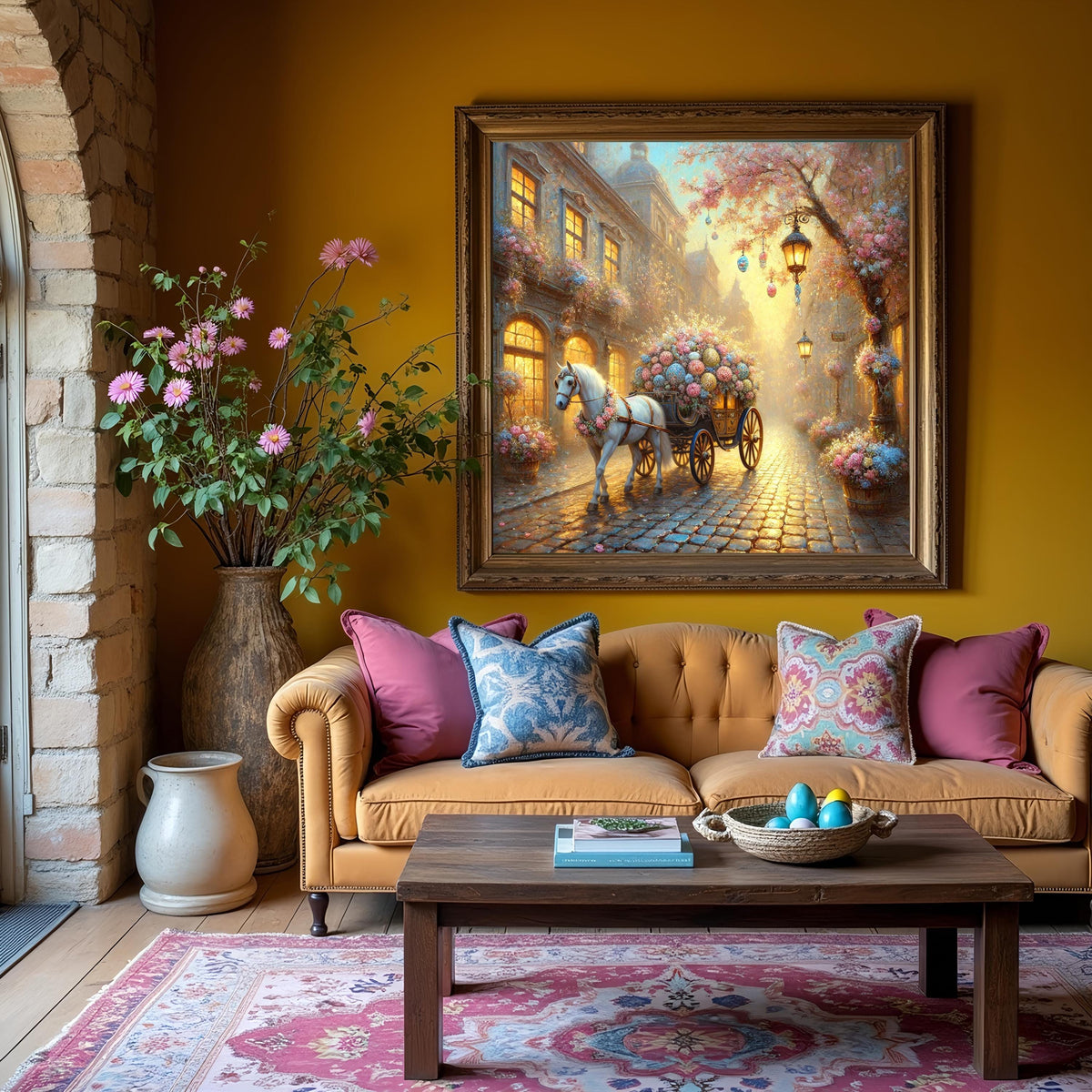Ethereal Easter Carriage Spring Village Oil Painting Style Wall Art (Digital Download)