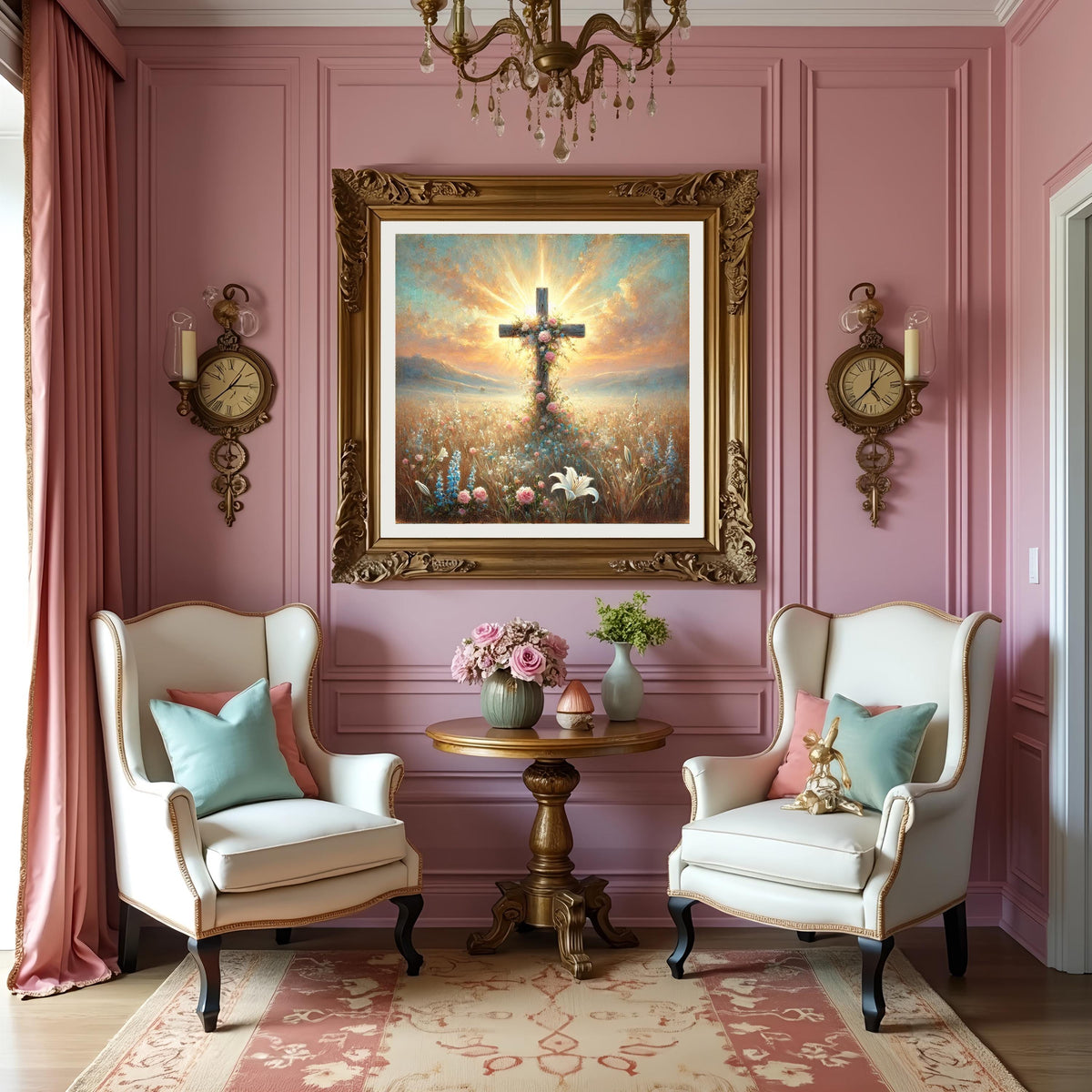 Floral Cross Sunrise Art: Vintage Oil Painting Style Christian Wall Decor (Digital Download)