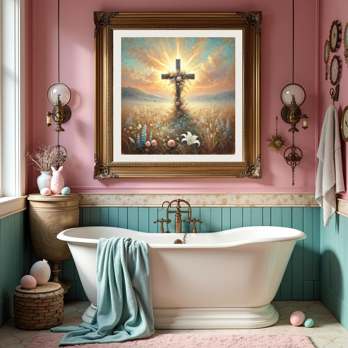 Floral Cross Sunrise Art: Vintage Oil Painting Style Christian Wall Decor (Digital Download)