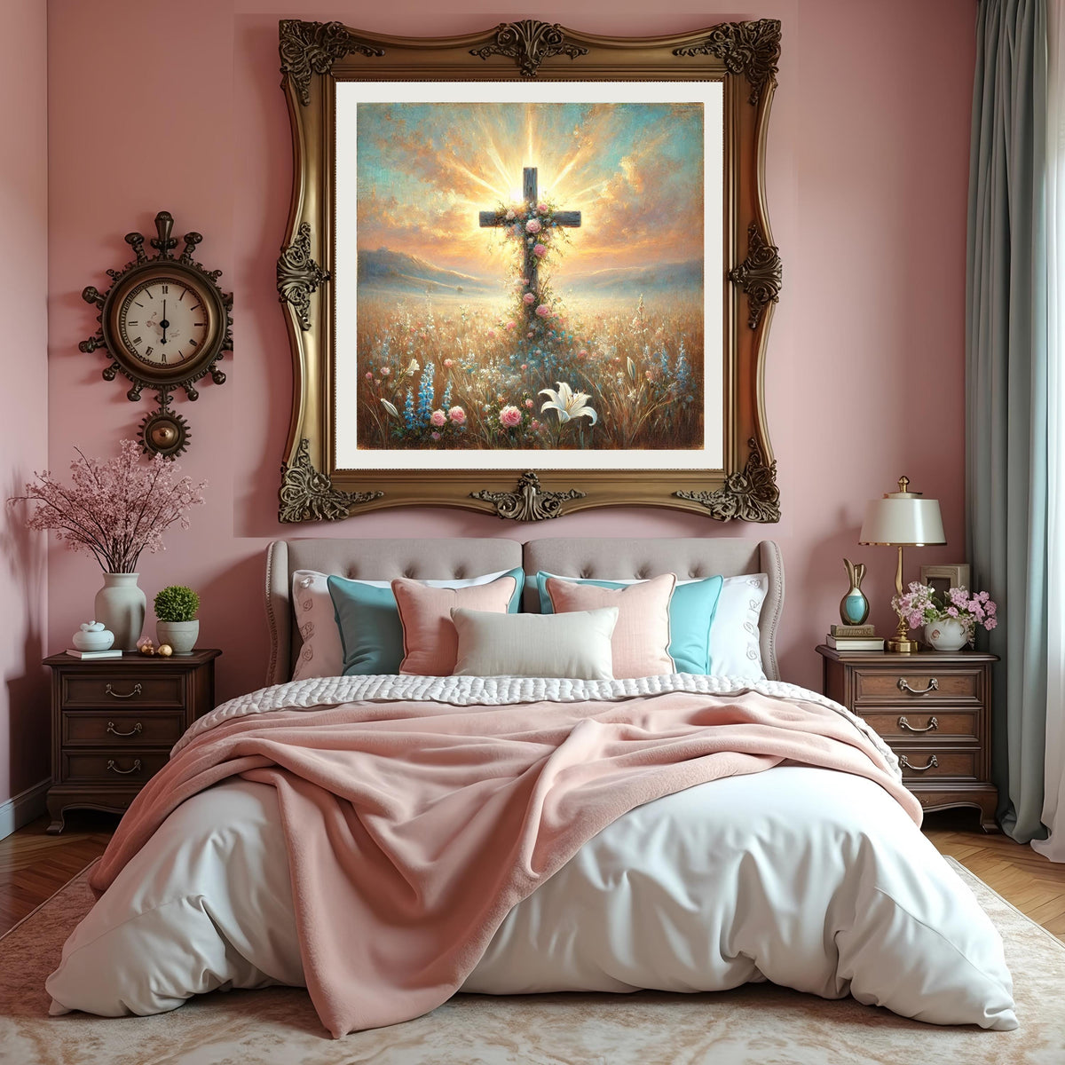 Floral Cross Sunrise Art: Vintage Oil Painting Style Christian Wall Decor (Digital Download)