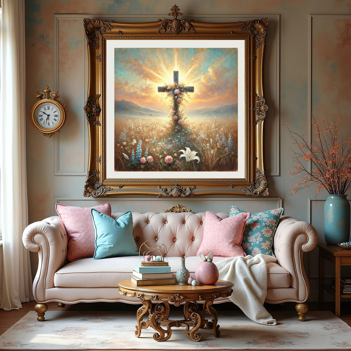 Floral Cross Sunrise Art: Vintage Oil Painting Style Christian Wall Decor (Digital Download)