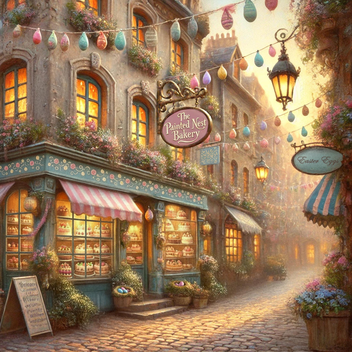 Painted Nest Bakery Easter Village Street Scene Digital Art Print (Oil Painting Style)