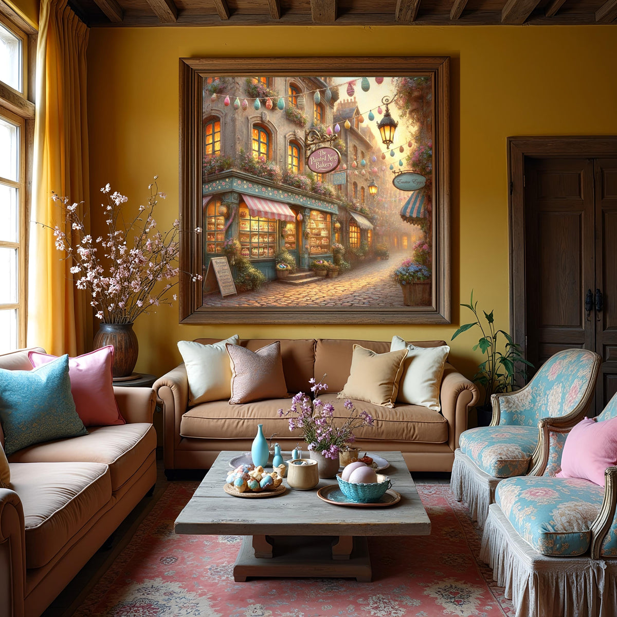Painted Nest Bakery Easter Village Street Scene Digital Art Print (Oil Painting Style)