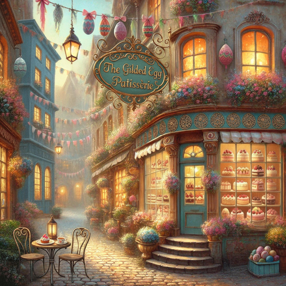 Gilded Egg Patisserie Easter Bakery Street Scene Printable Wall Art (Digital Download)