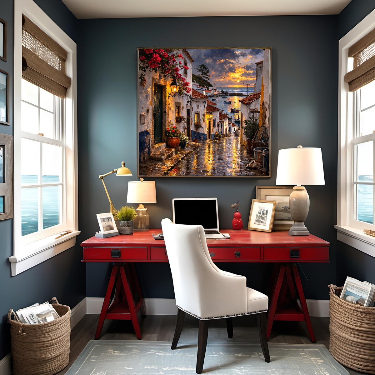 Portuguese Coastal Village Oil Painting: Sunset Harbor Street Wall Decor (Digital Download)