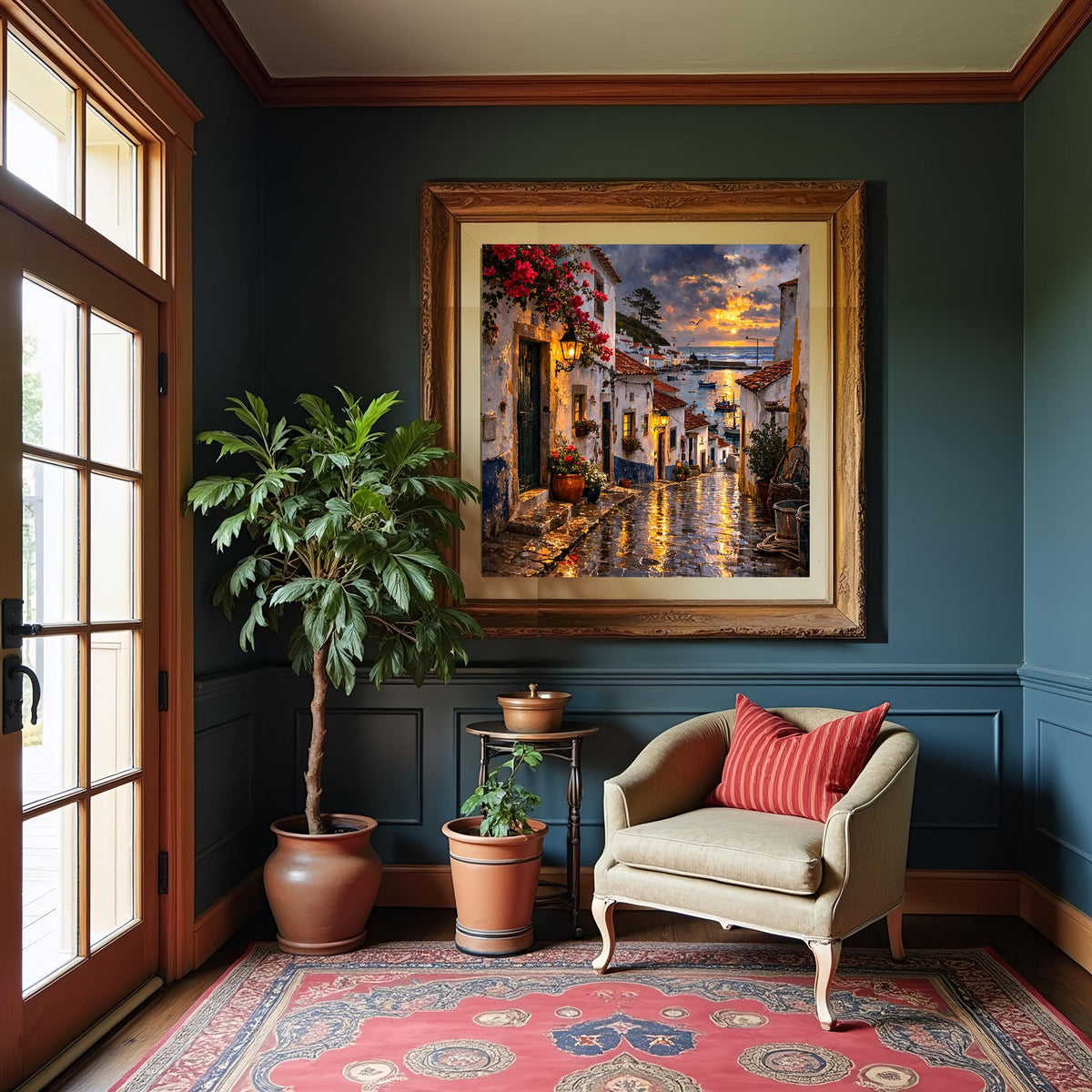 Portuguese Coastal Village Oil Painting: Sunset Harbor Street Wall Decor (Digital Download)