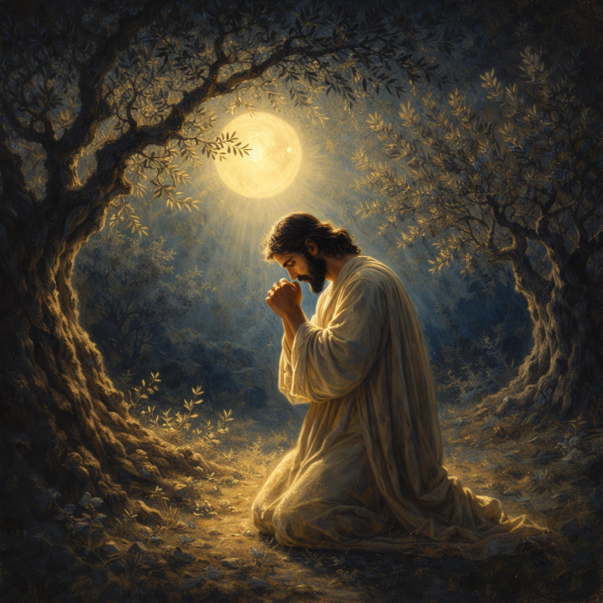 Jesus Praying Garden Art: Vintage Oil Painting Spiritual Wall Decor (Digital Download)