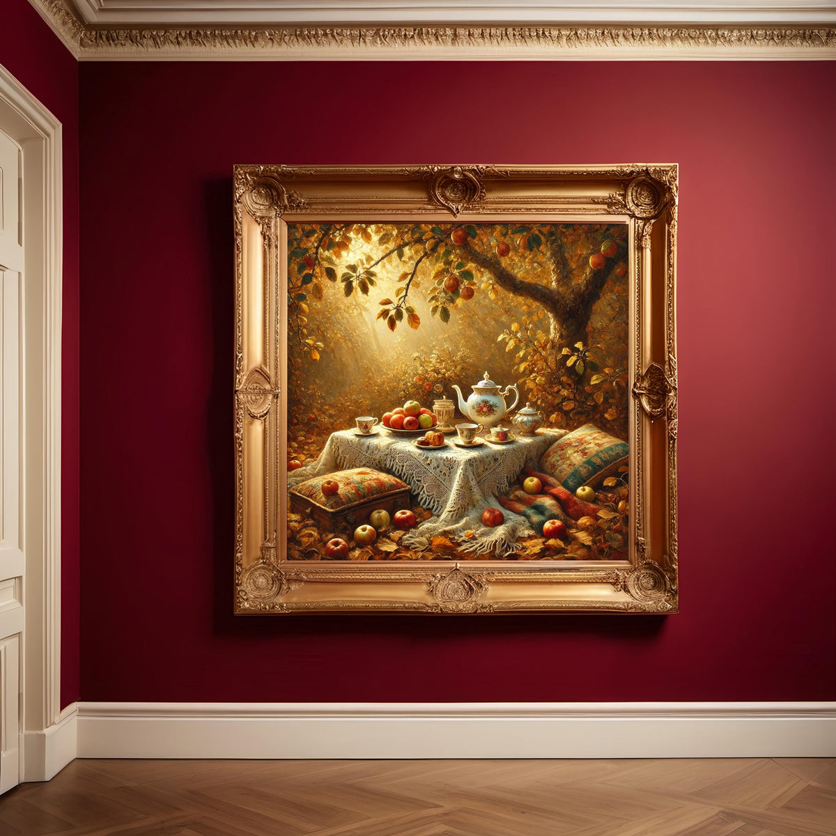 Autumn Tea Party Oil Painting: Vintage Still Life, Cottagecore Wall Decor (Digital Download)