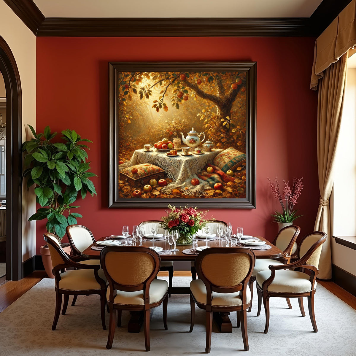 Autumn Tea Party Oil Painting: Vintage Still Life, Cottagecore Wall Decor (Digital Download)