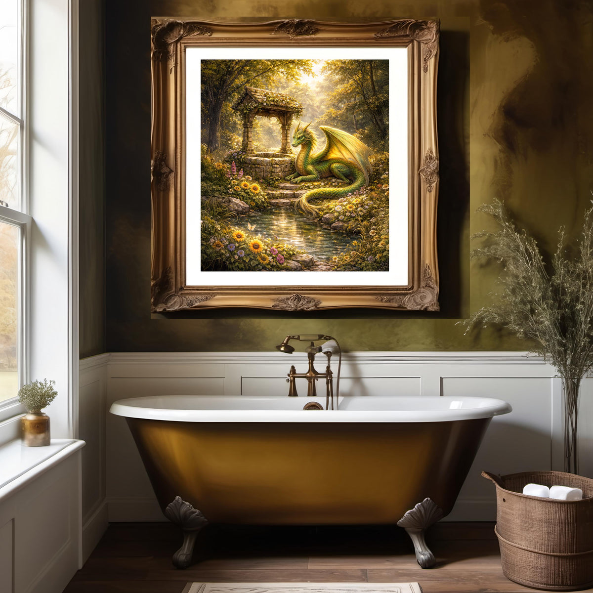 Golden Garden Dragon Art Print: Fantasy Oil Painting, Magical Wall Decor (Digital Download)