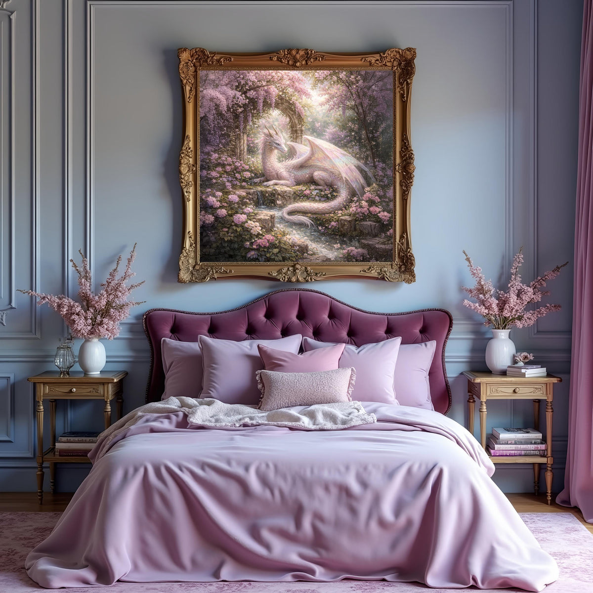 Pastel Dragon Garden Art Print: Fantasy Dragon, Stone Arch, Floral Scene (Digital Download)