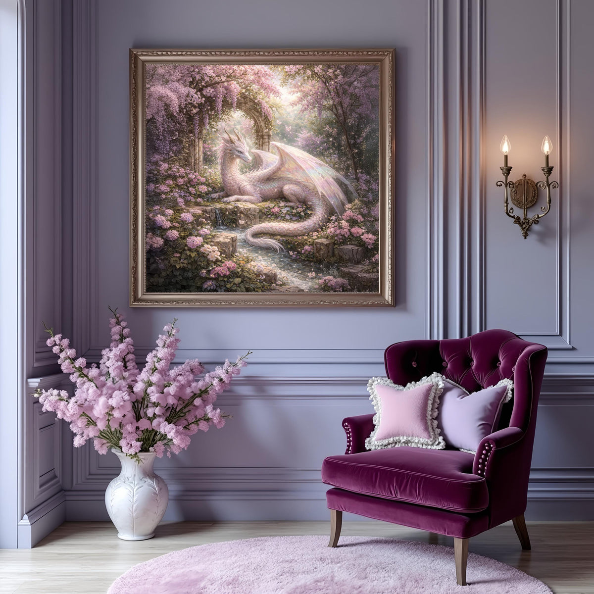 Pastel Dragon Garden Art Print: Fantasy Dragon, Stone Arch, Floral Scene (Digital Download)