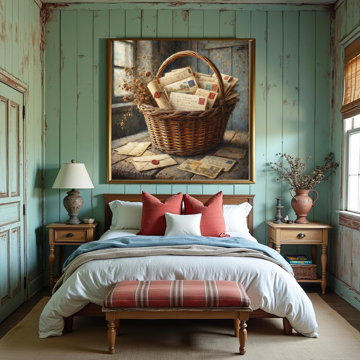 Vintage Letters Postcards Basket Art: Cozy Cottage Still Life Wall Decor (Digital Download)