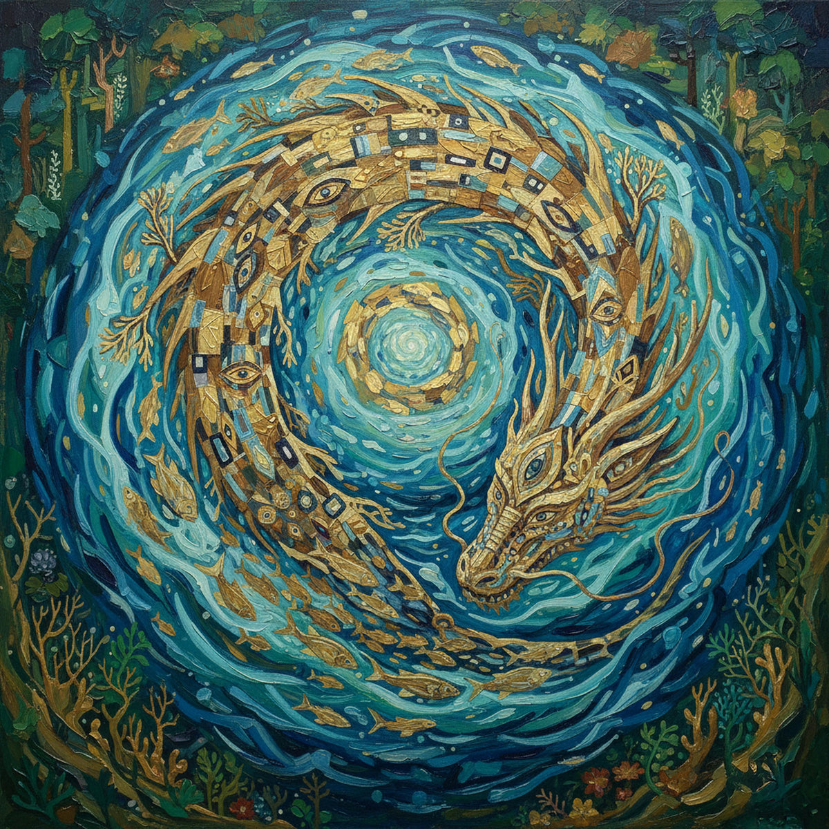 Celestial Sea Dragon Ouroboros Art Print: Vintage Oil Painting Style Mythology (Digital Download)