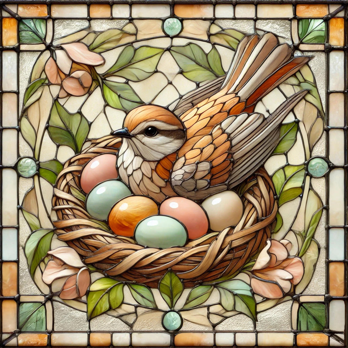 Stained Glass Bird Nest Easter Eggs Art: Art Nouveau Spring Scene (Digital Download)
