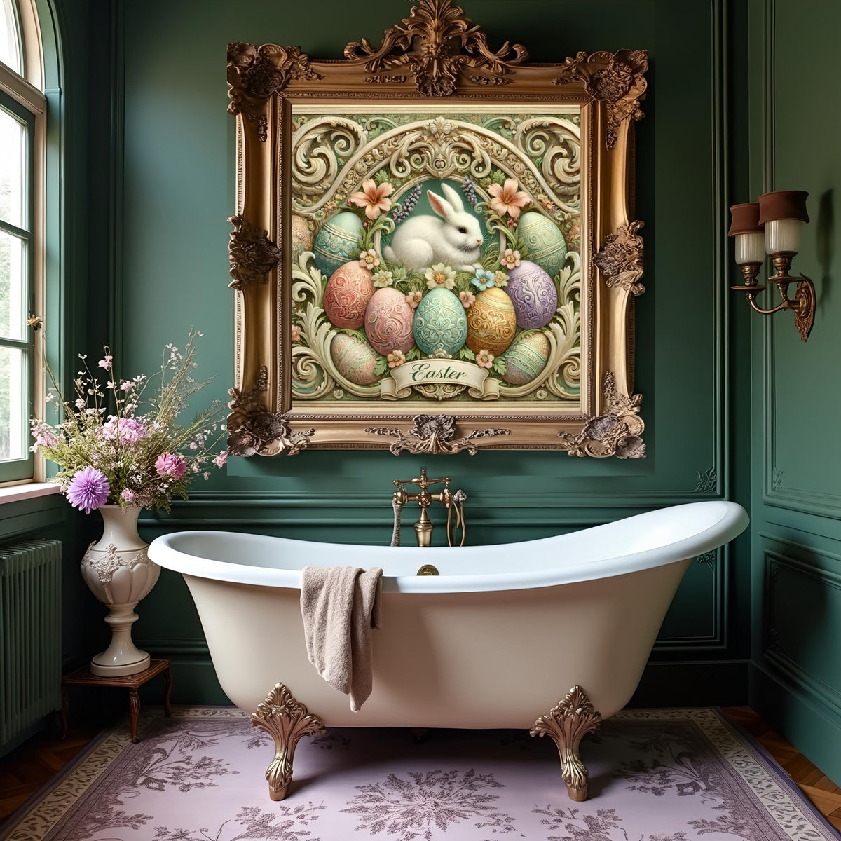 Art Nouveau Easter Bunny Egg Frame: Pastel Floral Oil Painting (Digital Download)