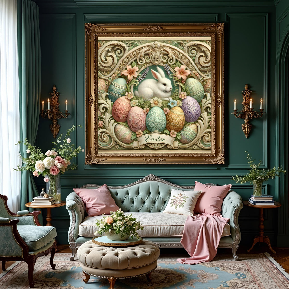 Art Nouveau Easter Bunny Egg Frame: Pastel Floral Oil Painting (Digital Download)