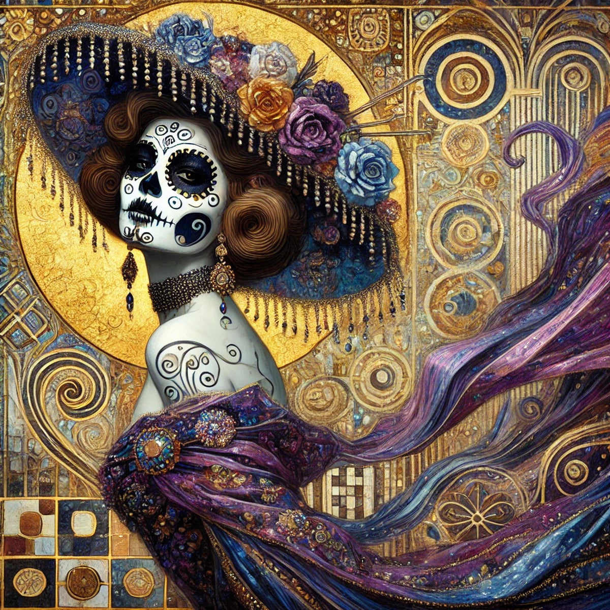 Golden Calavera Muse Portrait: Klimt Inspired Oil Painting (Digital Download)