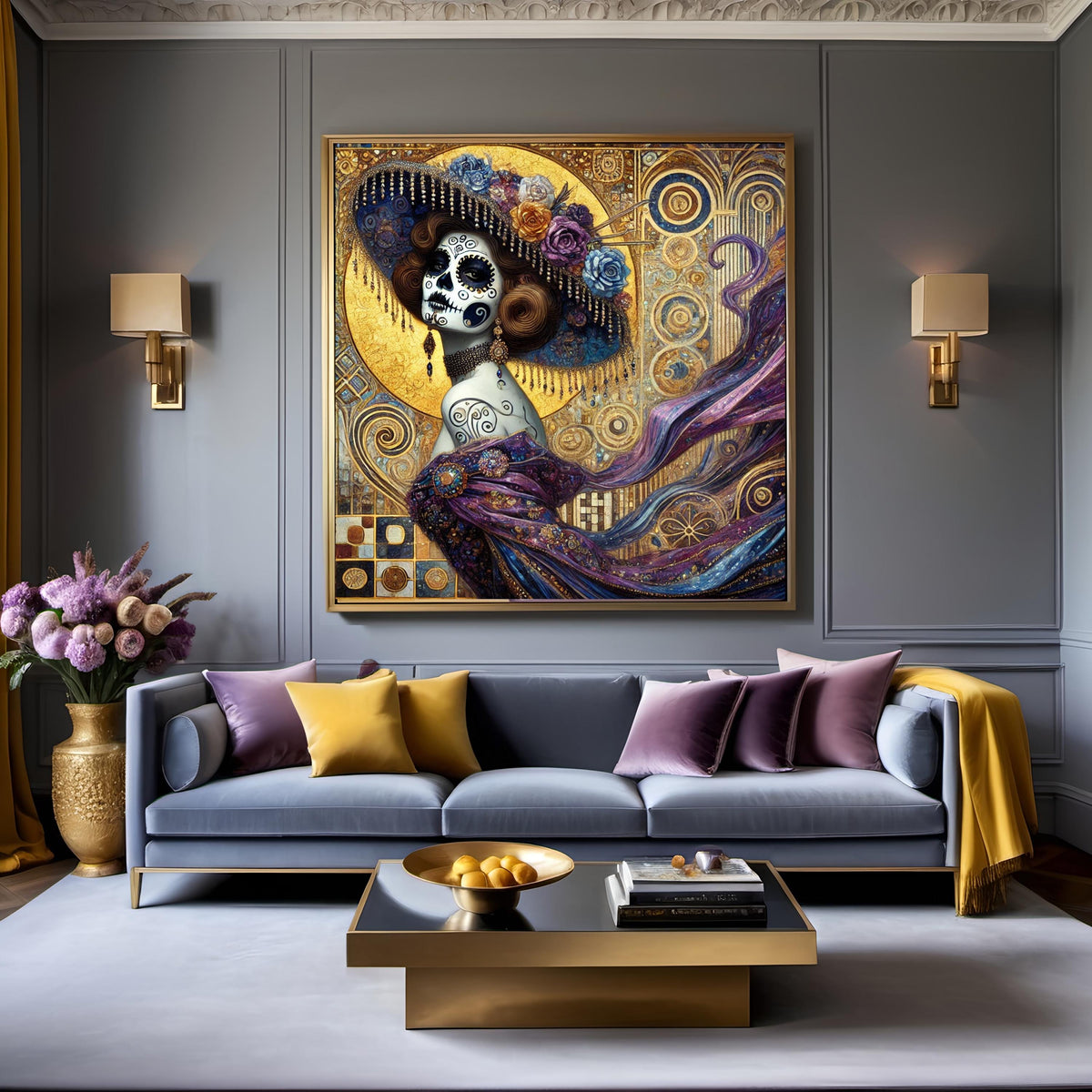 Golden Calavera Muse Portrait: Klimt Inspired Oil Painting (Digital Download)
