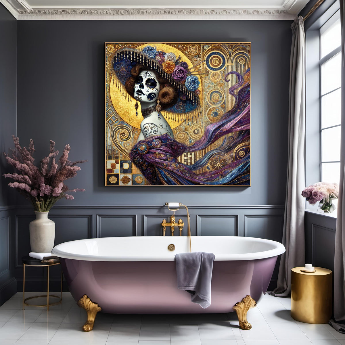 Golden Calavera Muse Portrait: Klimt Inspired Oil Painting (Digital Download)