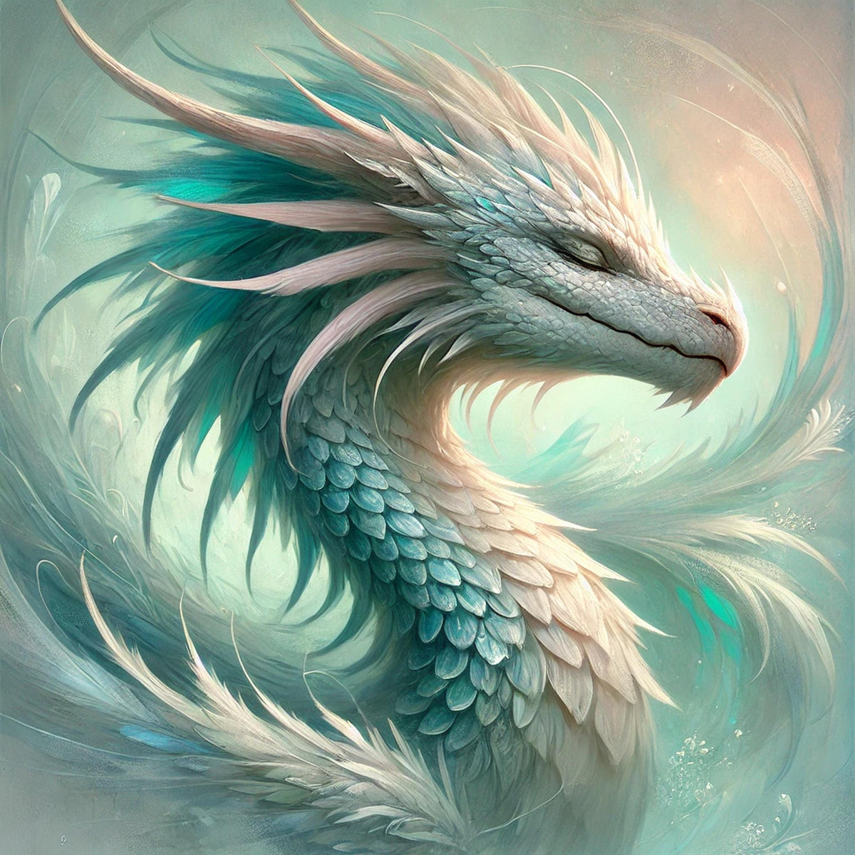 Celestial Dragon Portrait Wall Art, Teal Fantasy Oil Painting (Digital Download)