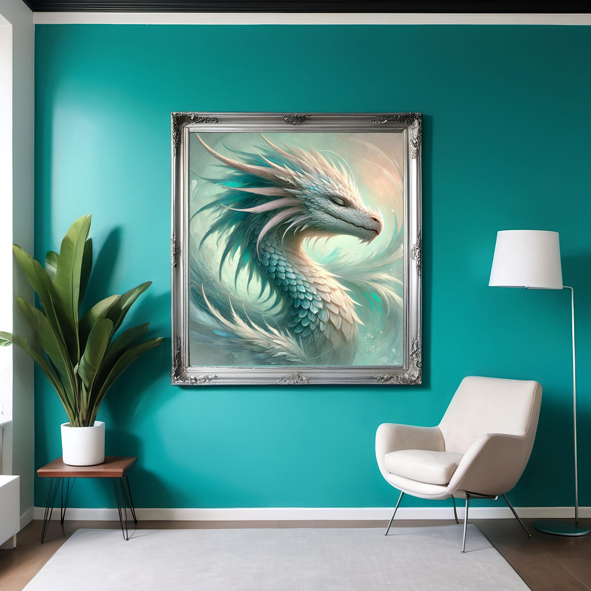 Celestial Dragon Portrait Wall Art, Teal Fantasy Oil Painting (Digital Download)