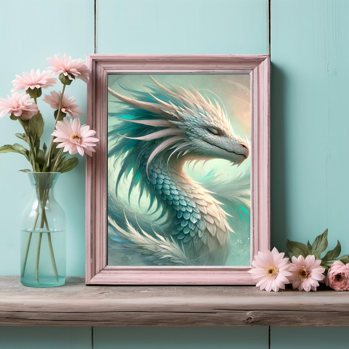 Celestial Dragon Portrait Wall Art, Teal Fantasy Oil Painting (Digital Download)