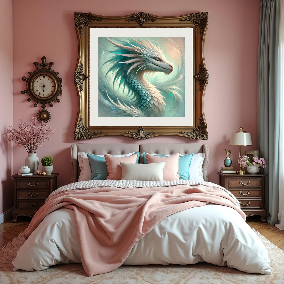 Celestial Dragon Portrait Wall Art, Teal Fantasy Oil Painting (Digital Download)