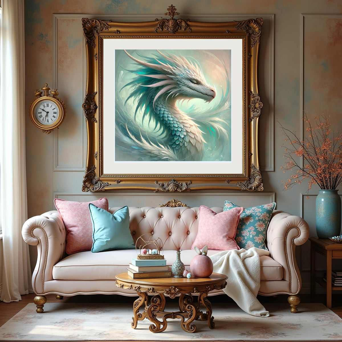 Celestial Dragon Portrait Wall Art, Teal Fantasy Oil Painting (Digital Download)