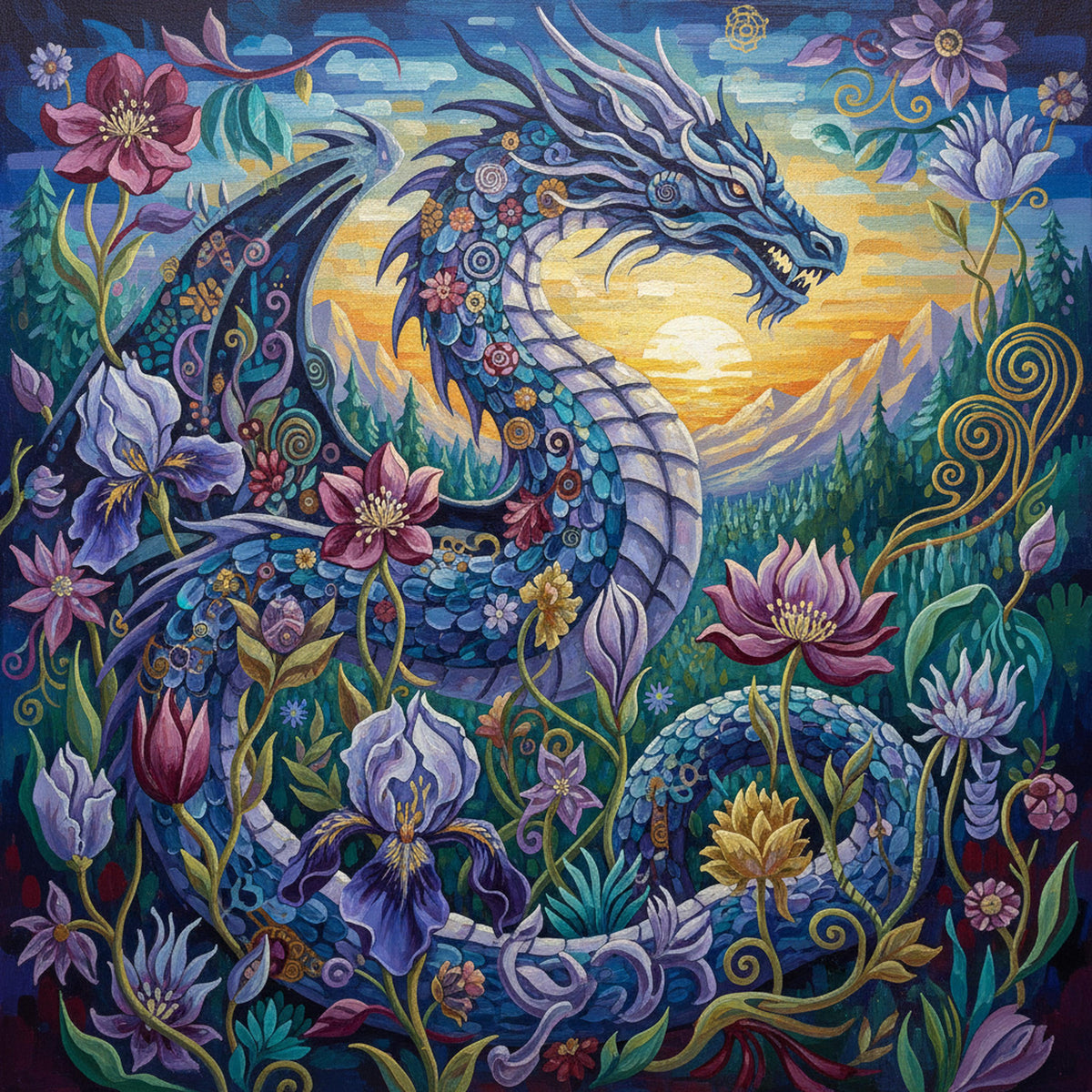 Floral Dragon Wall Art: Vintage Oil Painting Style Fantasy Creature (Digital Download)