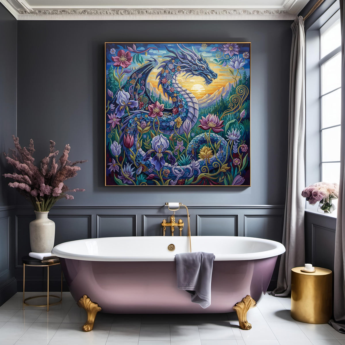 Floral Dragon Wall Art: Vintage Oil Painting Style Fantasy Creature (Digital Download)