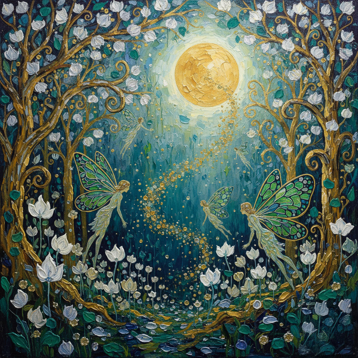 Fairy Garden Art Print: Moonlit Enchanted Forest, Oil Painting Style (Digital Download)